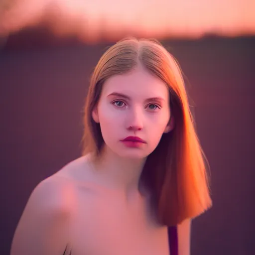 Image similar to beautiful hyperreal photograph of a cute woman,, golden hour, soft focus, medium shot, 8 k, portra 4 0 0