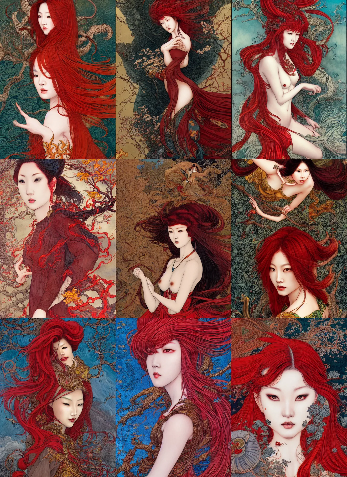 Prompt: surreal terrifying full length illustration of a beautiful asian woman with red hair in the art style of Eric Fortune and Rebecca Guay, sharp focus, 8k high definition, insanely detailed, intricate, elegant