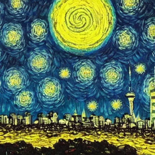 Image similar to Auckland skyline on a starry night painted by van gogh