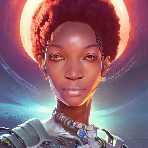 Image similar to african biopunk alchemist, science fiction, highly detailed, digital painting, beautiful eyes, symmetry, concept art, sharp focus, illustration, global illumination, radiant light, detailed and intricate environment, art by artgerm and greg rutkowski and magali villeneuve and ilya kuvshinov!