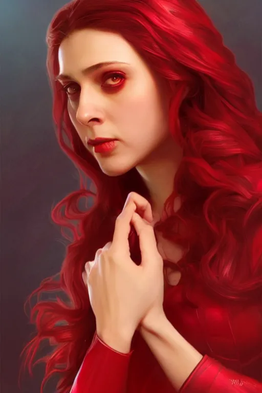 Prompt: Karan Johar as Scarlet Witch, Scarlet Witch costume, villany, portrait, masculine figure, highly detailed, digital painting, artstation, concept art, smooth, sharp focus, illustration, cinematic lighting, art by artgerm and greg rutkowski and alphonse mucha