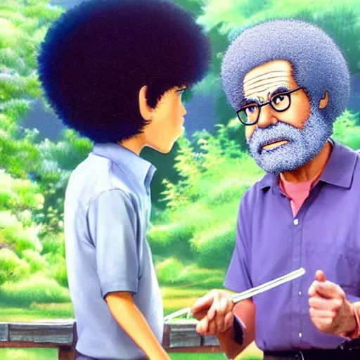 Prompt: 4 k, hyperealistic portrait of bob ross teaching hayao miyazaki how to paint