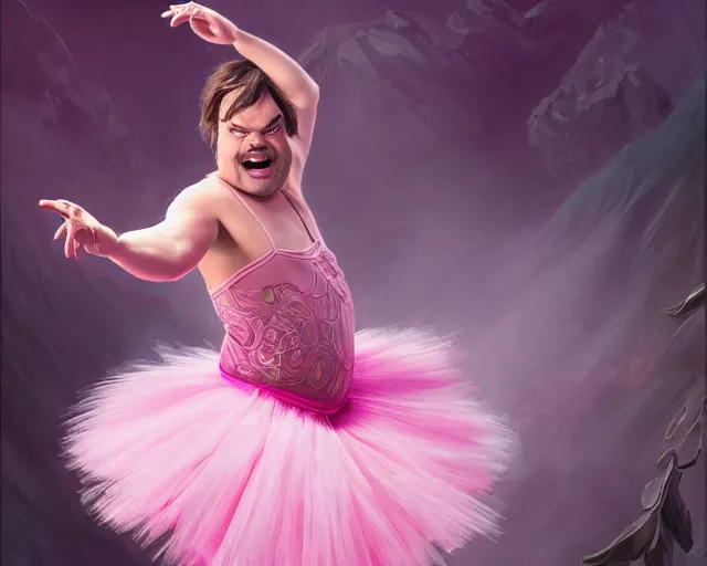 Image similar to photography of jack black dancing in a pink ballerina outfit, full body shot, deep focus, d & d and mtg, fantasy, intricate, elegant, highly detailed, digital painting, artstation, concept art, matte, sharp focus, illustration, hearthstone, art by artgerm and greg rutkowski and alphonse mucha