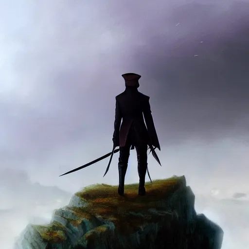 Image similar to dark-skinned man standing tall on a cliff fog clouds clothed in military uniform holding sword in the style of CASPAR DAVID FRIEDRICH atmosphere colourful beautiful image artstation deviantart acrylic