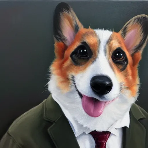 Image similar to oil painting, a developer corgi in a suit, intricate, masterpiece, artstation, stunning