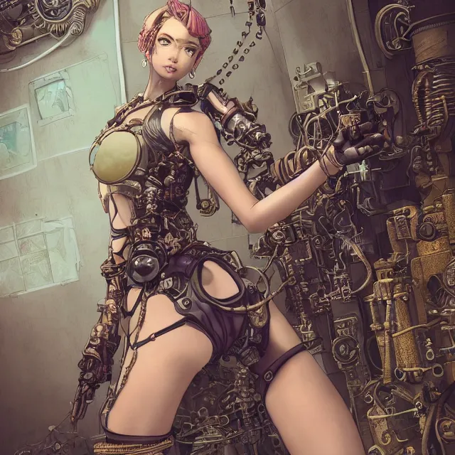 Image similar to the portrait of true neutral semi - colorful female steampunk cyborg mechanist as absurdly beautiful, gorgeous, elegant, young swimsuit model, an ultrafine hyperdetailed illustration by kim jung gi, irakli nadar, intricate linework, bright colors, octopath traveler, final fantasy, unreal engine 5 highly rendered, global illumination, radiant light, detailed and intricate environment