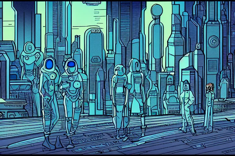 Image similar to a scifi illustration, Night City on Coruscant. flat colors, limited palette, heavy line work moebius in FANTASTIC PLANET La planète sauvage animation by René Laloux