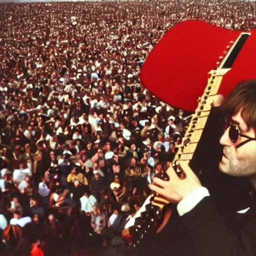 Image similar to john lennon playing a red gutair on stage while thousands of fans cheer, hd, epic, wide angle shot