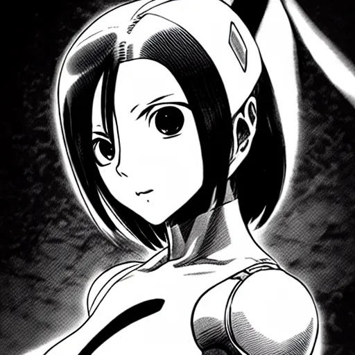 Image similar to alita by yukito kishiro. medium shot. black and white manga. pencil drawing.