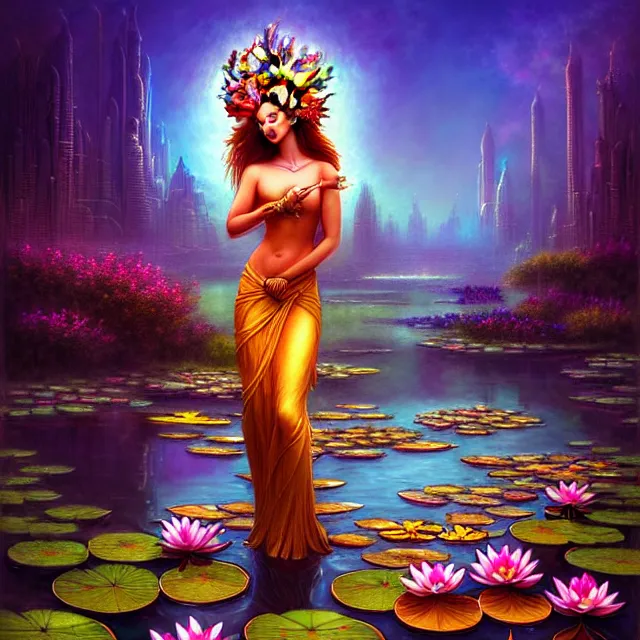 Image similar to Beautiful 3d render of the flower queen goddess near a pond full of lotus, atmospheric lighting, painted, intricate, volumetric lighting, beautiful, rich deep colours masterpiece, sharp focus, ultra detailed, in the art style of Dan Mumford and marc simonetti, with a clear crowded futuristic cyberpunk dubai city in the background, astrophotography