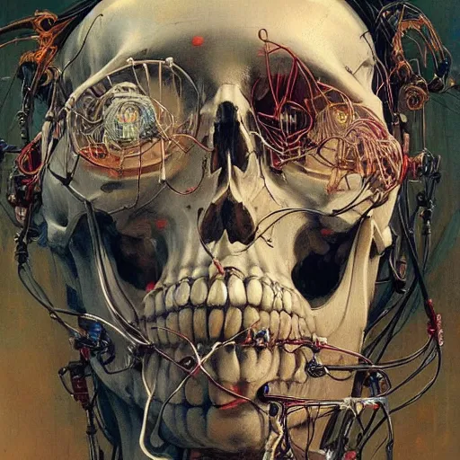 Prompt: skulls cyberpunk skulls wires cybernetic implants, in the style of adrian ghenie, esao andrews, jenny saville,, surrealism, dark art by james jean, takato yamamoto