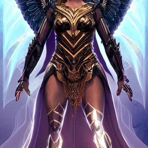 Prompt: full body center frame digital art. hero pose of gal gadot as a dark seraphim angelic warrior wearing a futuristic, intricate, body sculpted cosmic armor and flowey ornate robes highly detailed 8 k hdr award - winning trending on artstation ann _ sto.