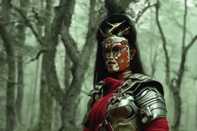 Image similar to vfx movie scene closeup nomad cyborg warrior viking geisha in a smoldering forest. by emmanuel lubezki