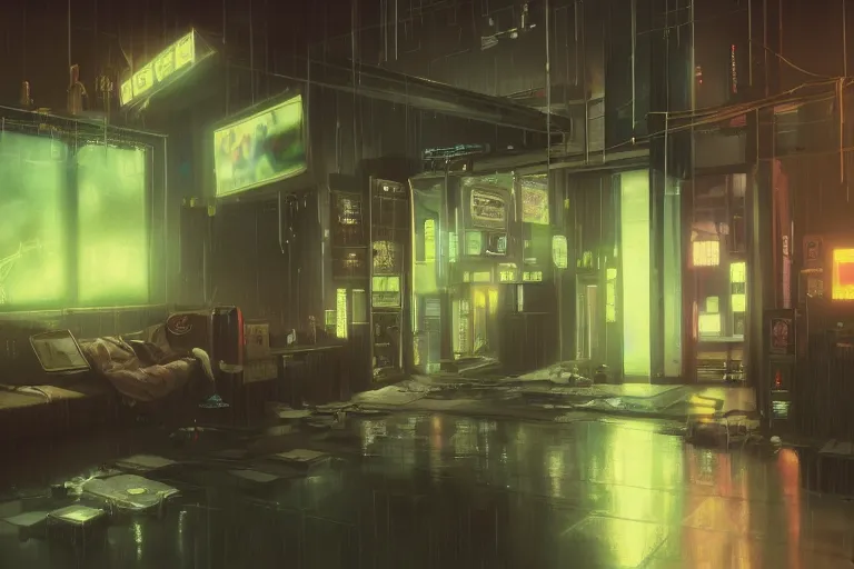 Image similar to Oil painting of cyberpunk funeral home interior, coffin laying in the middle, 4k, art by Hans Rudolf Geiger and Shirow Masamune, still from anime Serial Experiments Lain, sad atmosphere, moody neon lighting, lots of cigarette smoke