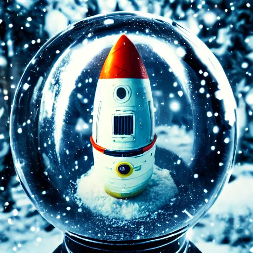 Image similar to a space rocket inside a snow globe, 3 5 mm, disposable film, lens blur, 8 k, realistic, dramatic backlighting