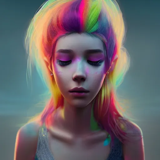 Prompt: portrait of a young female human with rainbow hair and light skin closed eyes fantasy artwork epic detailed and intricate digital painting trending on artstation by wlop octane render