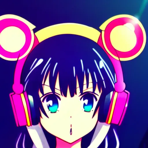 Image similar to An anime character's head wearing retro headphones. 90s anime, Sailor Moon, Neon Genesis, official art, flat cell shading, fantastic screenshot art, trending on artstation, muted nostalgic colors