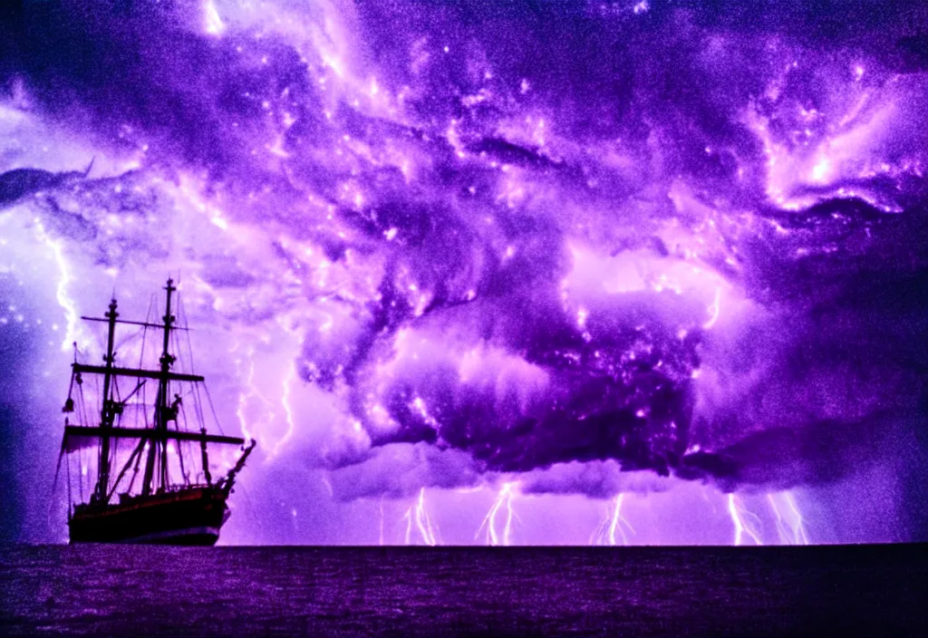 Image similar to purple color lighting storm with stormy sea, pirate ship firing its cannons trippy nebula sky with dramatic clouds 50mm shot fear and loathing movie