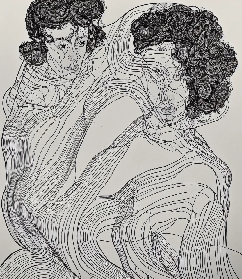 Image similar to detailed line art portrait of hang williams, inspired by egon schiele. contour lines, musicality, twirls, curls, curves, confident personality