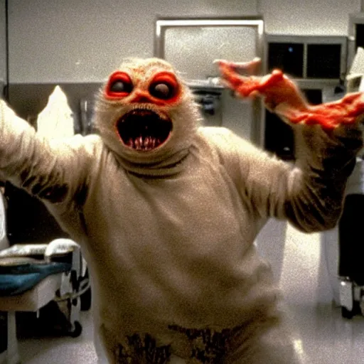 Prompt: a 35mm filmic wide shot ground level angle movie still color film photograph of a shape shifting alien creature with multiple mutated snarling drooling human faces and a grotesque variety of human & animal arms trying to grab a doctor wearing a surgical mask, in the style of a live action 1980s horror film, The Thing 1982