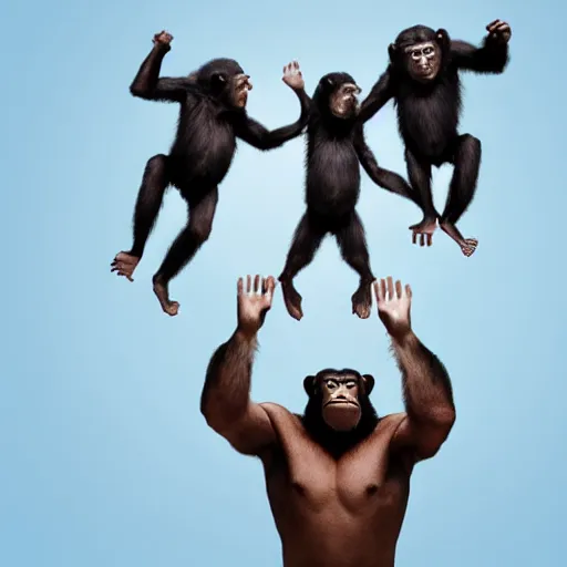 Image similar to a family of apes riding on the back of a giant human hand in front of a white background