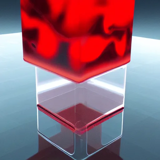 Image similar to transparent cube half filled with turbulent red liquid inside in a transparent twisted sphere