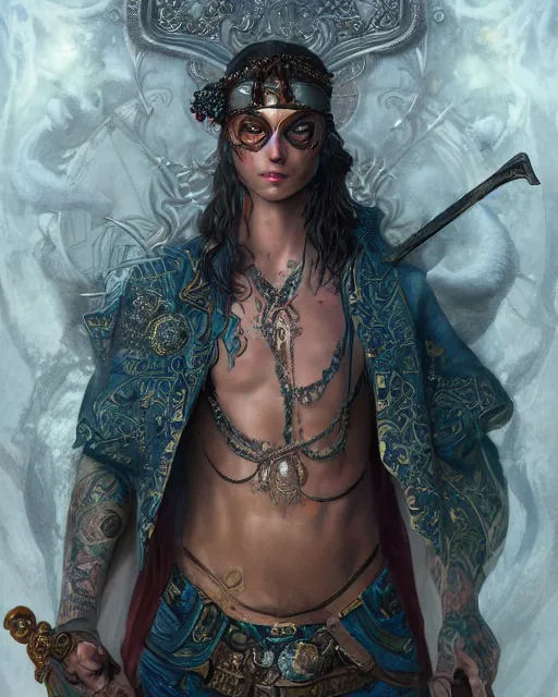 Prompt: beautiful man, wearing iridescent sleeveless robes, ornate eyepatch on right eye, holding a sword, full - body tattoos, jewelry, 8 k, glow, very detailed and intricate, hyper ornate, illustration, by tom bagshaw, artgerm, greg rutkowski, magali villeneuve, octane render