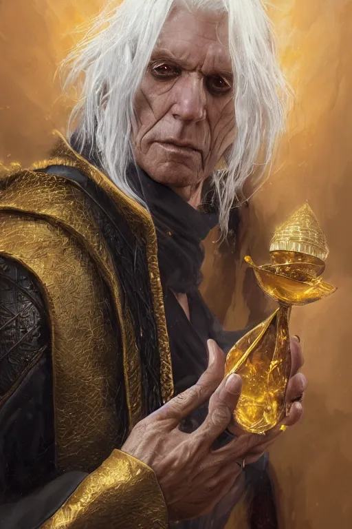 Prompt: An highly detailed portrait painting of Raistlin Majere with skin of metallic gold, white hair, hourglass shaped eye irises, Keith Richards and Joe Manganiello, by Greg Rutkowski, Wizards of the Coast, Magic The Gathering, D&D, fantasy, Craig Mullins, trending on Artstation.