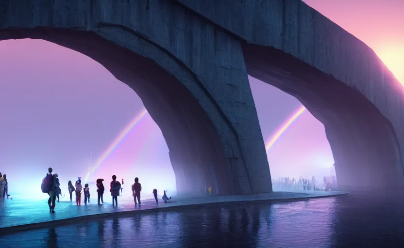 Prompt: incredible, mindblowing, refugees crossing a beautiful bridge made of rainbow hardlight, matte painting, artstation, cgsociety, dramatic lighting, concept art, octane render, arnold 3 d render