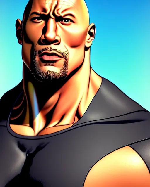 Image similar to portrait Anime man as Dwayne Johnson. fine-face, pretty face, realistic shaded Perfect face, fine details. Anime. realistic shaded lighting by Ilya Kuvshinov katsuhiro otomo ghost-in-the-shell, magali villeneuve, artgerm, rutkowski, WLOP Jeremy Lipkin and Giuseppe Dangelico Pino and Michael Garmash and Rob Rey in official suit