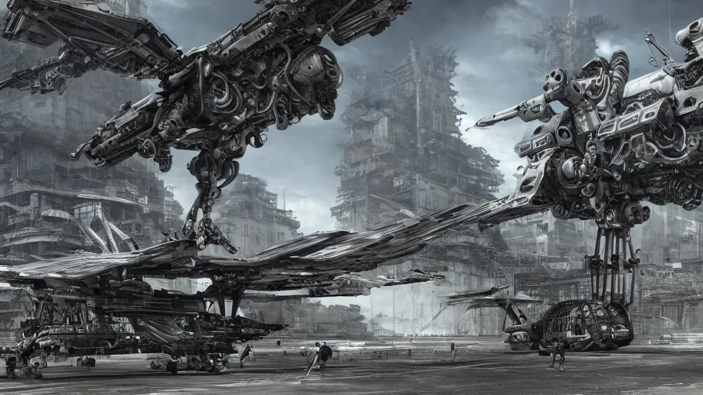 Image similar to organic mechanical metal osprey aircraft, giger influenced with ornate intricate details, landed on futuristic brutalist concrete heliport, ornate buildings with white and blue flowers, with cyborg female soldiers wearing stealth transparent clothing, daytime, wet floor on streets, matte painting, unreal engine, cinematic camera, mirrors edge,