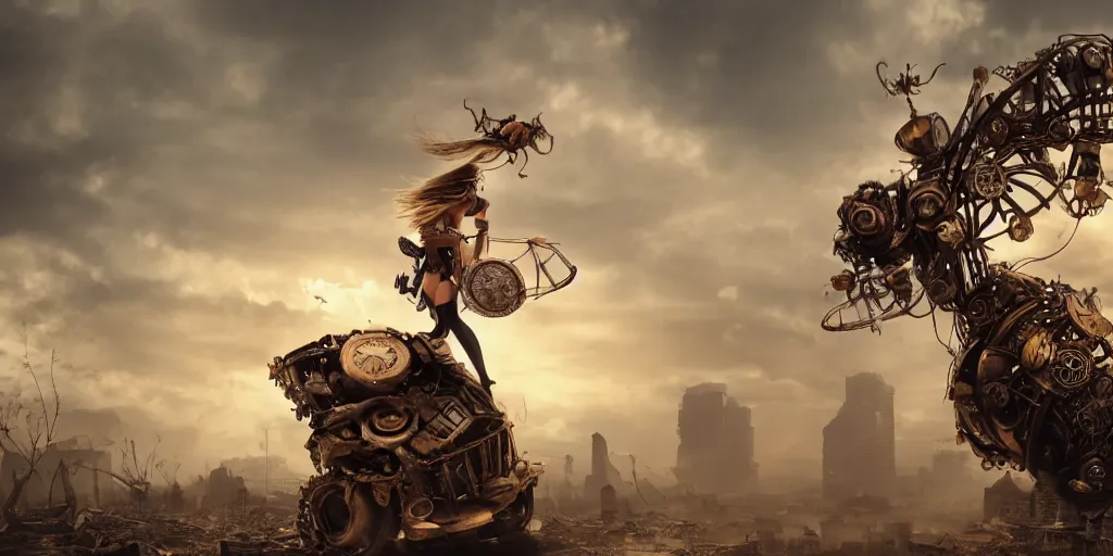 Image similar to a beautiful blond woman riding a giant steampunk ant in a destroyed city, 8 k, moody lighting, shallow depth of field,