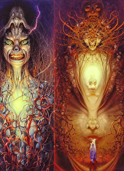 Prompt: realistic detailed image of a friendly figures of smiling ghosts and dmt jesters made of light walking back and forth in the field by Ayami Kojima, Amano, Karol Bak, Greg Hildebrandt, and Mark Brooks, Neo-Gothic, gothic, rich deep colors. Beksinski painting, part by Adrian Ghenie and Gerhard Richter. art by Takato Yamamoto. masterpiece