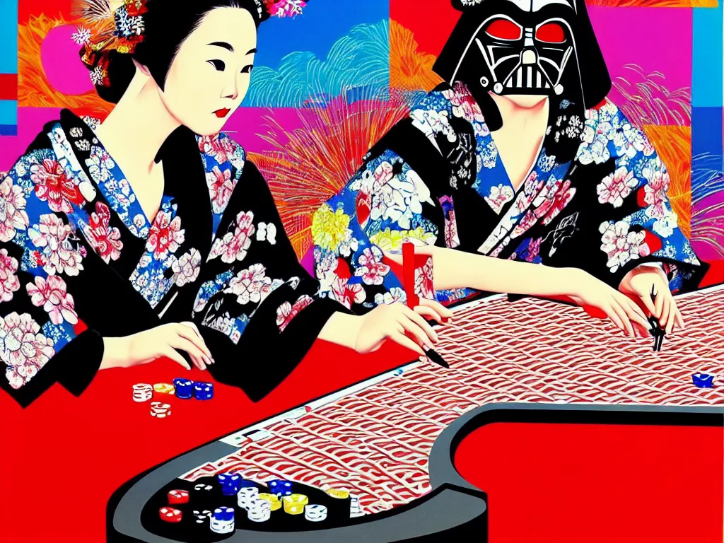 Image similar to hyperrealistic composition of the detailed woman in a japanese kimono sitting at a extremely detailed poker table with detailed darth vader, fireworks, mount fuji on the background, pop - art style, jacky tsai style, andy warhol style, acrylic on canvas