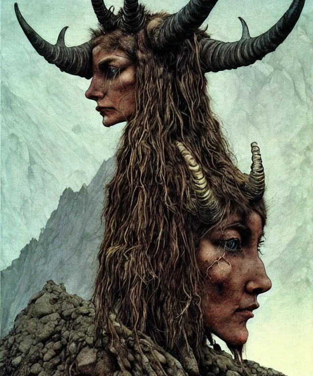 Image similar to A detailed horned goatwoman stands among the mountains. Wearing a ripped mantle, robe. Perfect faces, extremely high details, realistic, fantasy art, solo, masterpiece, art by Zdzisław Beksiński, Arthur Rackham, Dariusz Zawadzki