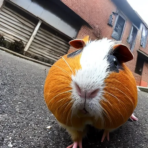 Prompt: a guinea pig selfie in front of a burning building