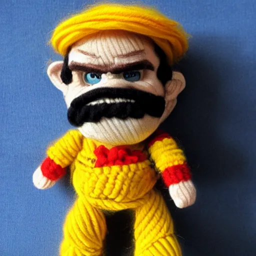 Prompt: a doll of wario made out of yarn