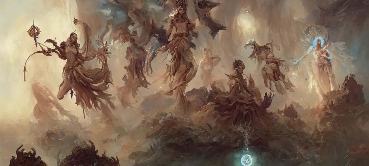Image similar to angelical time keepers in sacred clothes performing a ritual of planetary sacrifice, tarot, detailed, realistic, digital art, trending on artstation by peter mohrbacher and greg rutkowski