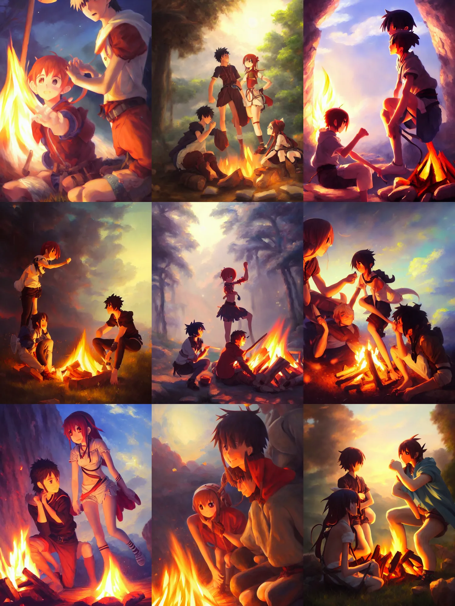 Prompt: classical oil painting of anime concept art featuring an adventurer cheering up their friend by the campfire, fantasy, trending on artstation, stylistic, brush strokes, oil, canvas, beautiful portrait, by kawacy and makoto shinkai, anime portrait, official anime artwork