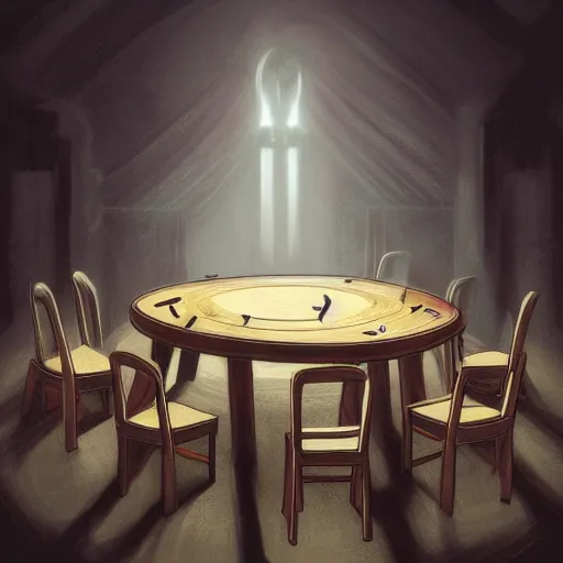 Prompt: an ominous circle of chairs, poster art, atmospheric, concept art, in the style of magic the gathering, dramatic lighting, plain wooden chairs