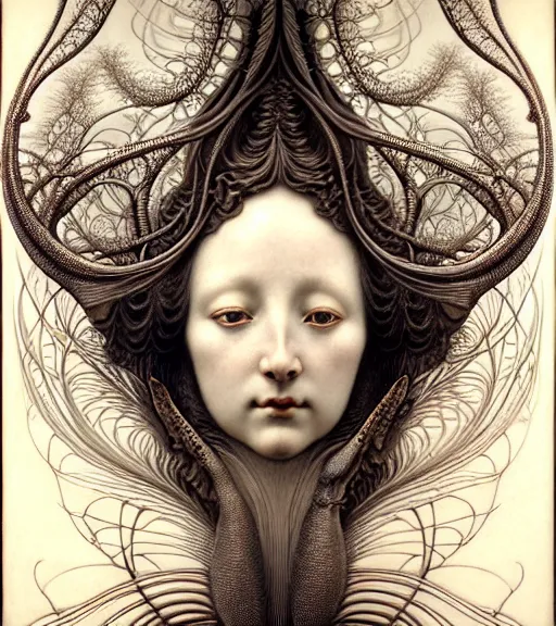 Image similar to beautiful young orchidwoman detailed realistic porcelain face portrait by jean delville, gustave dore, iris van herpen and marco mazzoni, art forms of nature by ernst haeckel, art nouveau, symbolist, visionary, gothic, neo - gothic, pre - raphaelite, fractal lace, intricate alien botanical biodiversity, surreality, hyperdetailed ultrasharp octane render