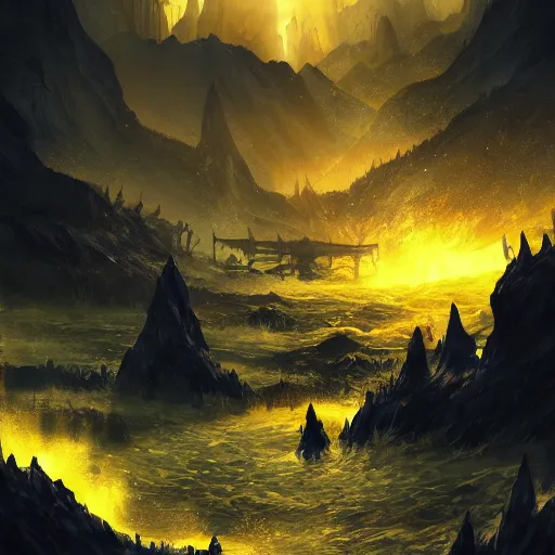 Prompt: vantablack graveyard and demons with a yellow river, artstation
