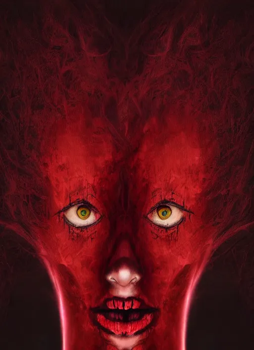 Image similar to dramatic dark red matte portrait painting of woman with black mandelbrot fractal instead of face, horror, body horror, dark art, 4 k, detailed, realistic, psychotic, insane, crazy, mental illness, dramatic,