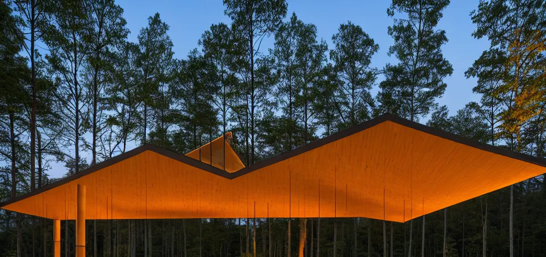 Image similar to faceted roof planes lift and descend creating shade and architectural expression, highly detailed, situated in the forest, next to a highly reflective lake, at dusk, vivid color