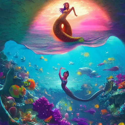 Image similar to a beautiful vivid colorful matte painting of mermaids dancing at an underwater discotheque by Grzegorz greg rutkowski and Tyler Edlin, with a disco ball, under the sea, ocean details, trending on ArtStation hq