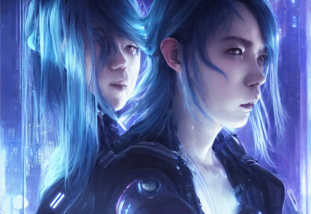 Prompt: portrait grey blue hair of futuristic police girl, black color uniform, at cyberpunk reflected tokyo night, ssci - fi and neon light, fantasy, intricate and beautiful, highly detailed, digital painting, artstation, concept art, smooth and sharp focus, illustration, art by tian zi and wlop and alphonse mucha