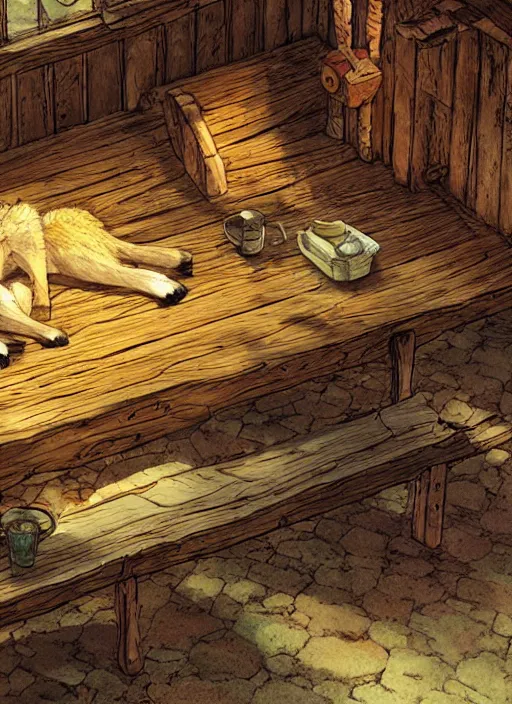 Prompt: coyote sleeping on a bench in a cozy tavern, hidari, color page, tankoban, 4K, tone mapping, Akihiko Yoshida.