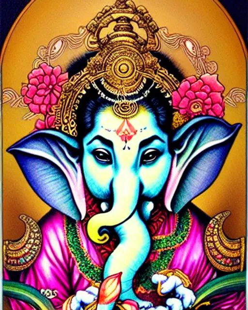Image similar to beautiful and playful ethereal ganesha portrait, art nouveau, fantasy, intricate japanese flower designs, elegant, highly detailed, sharp focus, art by chie yoshii