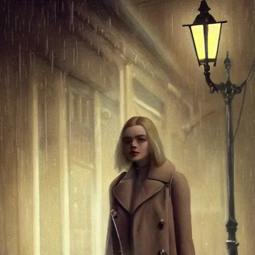 Image similar to Elle Fanning in Vampire Masquerade in the world of Edward Hopper, stormy snowy weather, streetlights, extremely detailed masterpiece, oil on canvas, low-key neon lighting, artstation, Blade Runner 2049, Roger Deakin’s cinematography, by J. C. Leyendecker and Peter Paul Rubens,