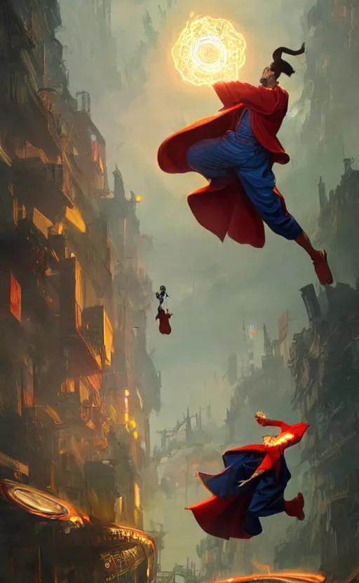 Image similar to the third first image on the scattered absurdity server, dr strange and dr seuss, very pretty, photorealistic, portal hopping and time warping with reckless abandon, by Greg rutkowski